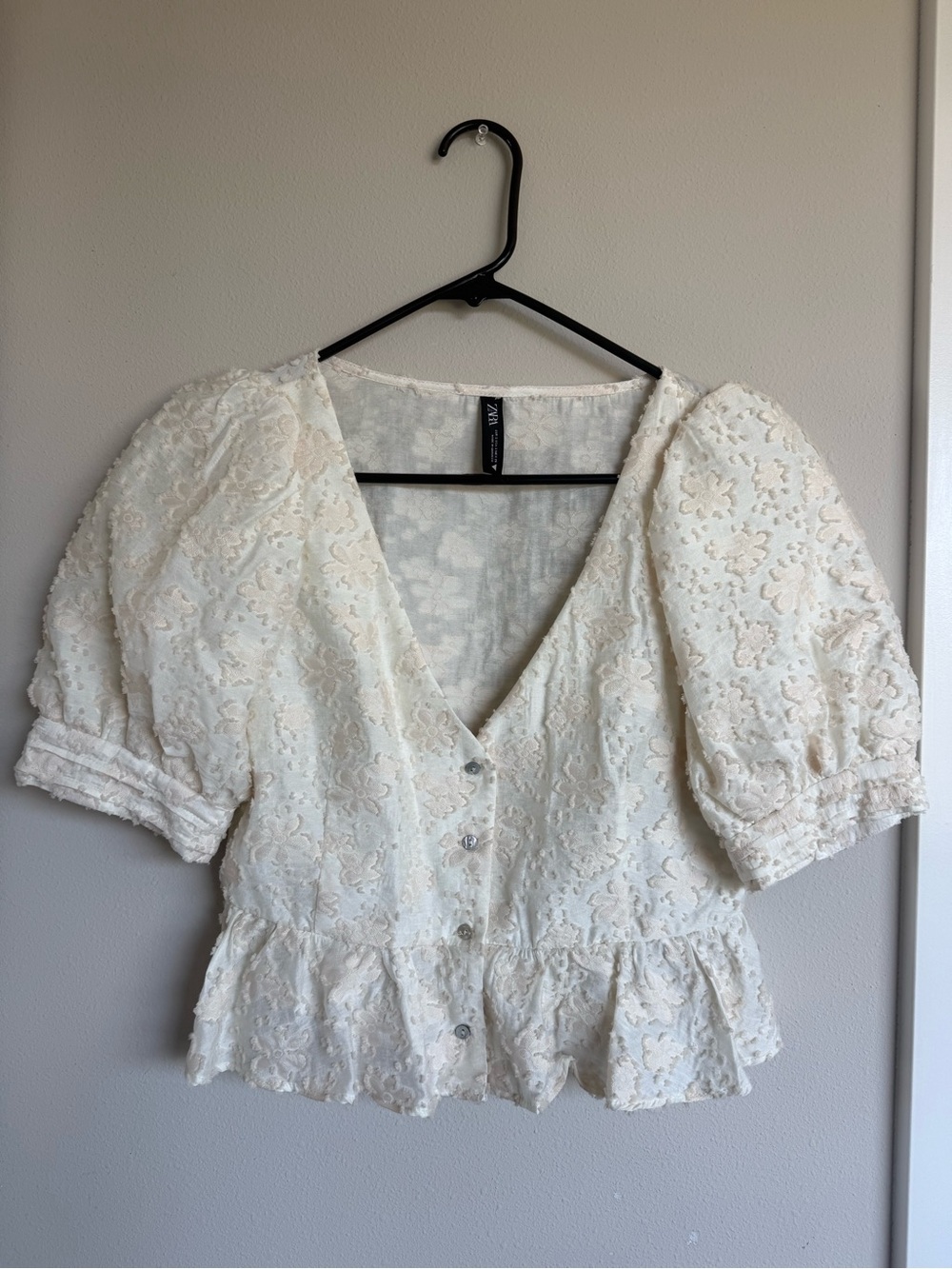 Zara Cream Eyelet Lace Button-Down Peplum Blouse
